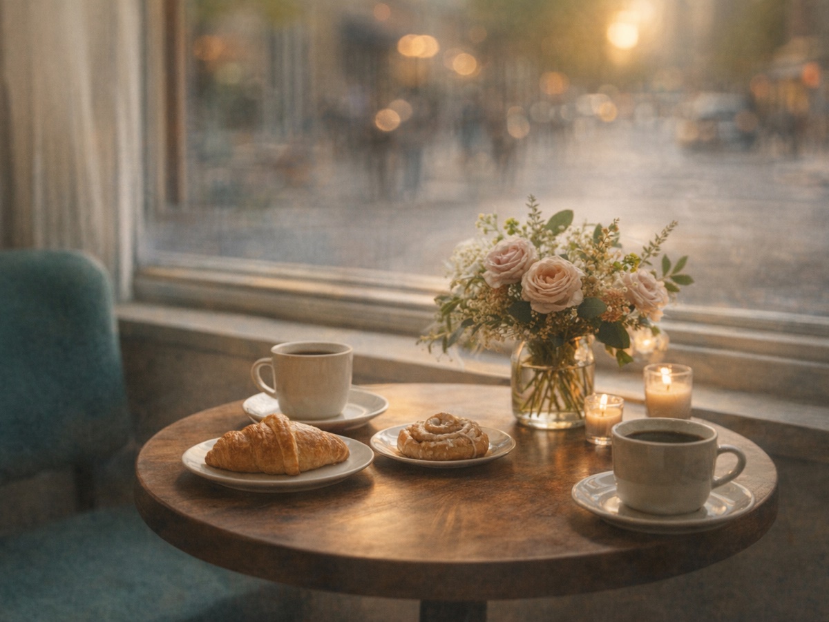Warm cafe table scene representing Jay and Gabi's first date