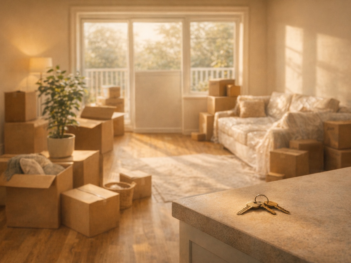 Moving boxes and apartment details representing Jay and Gabi moving in together