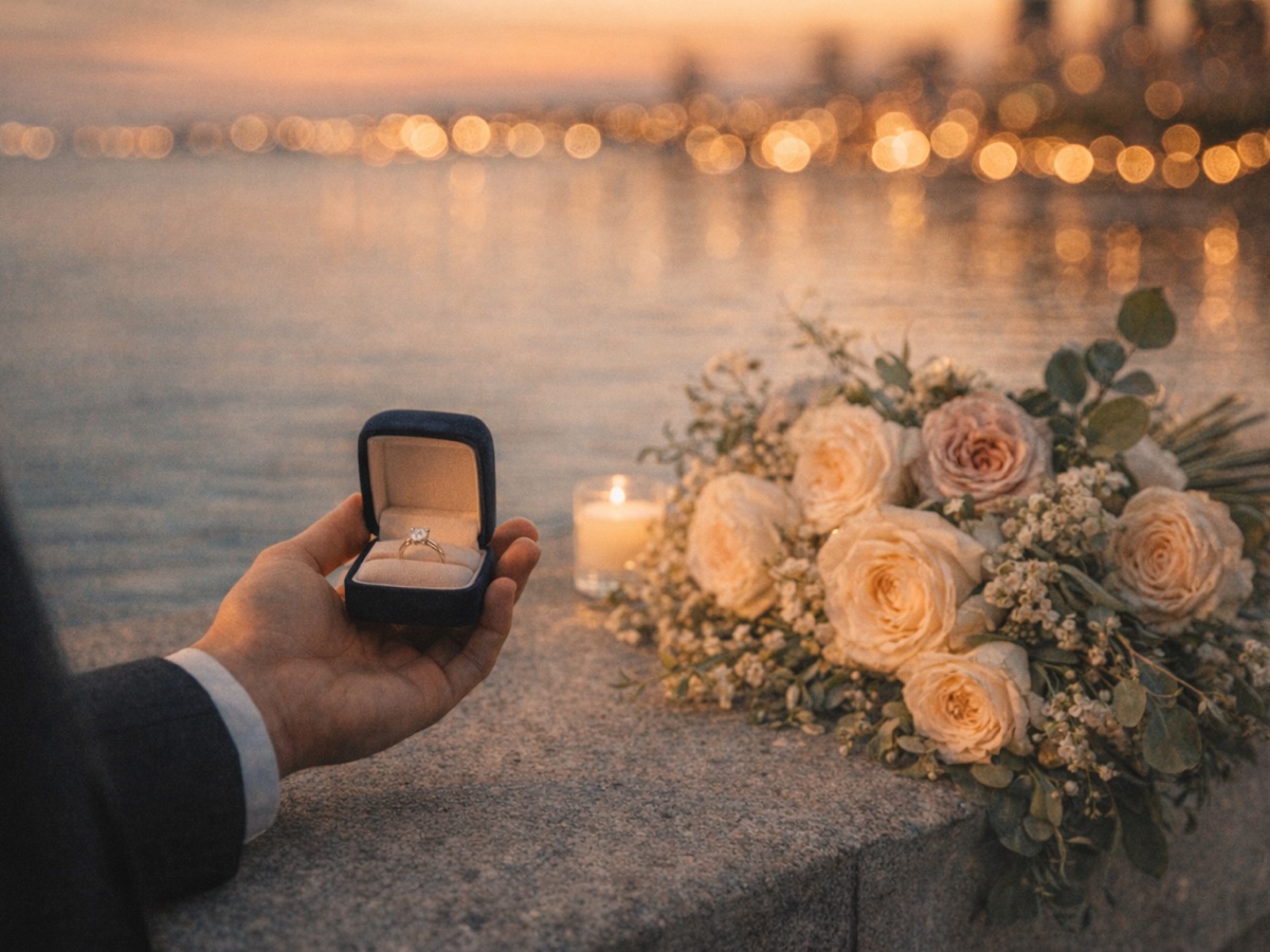 Romantic proposal detail scene representing Jay and Gabi's engagement
